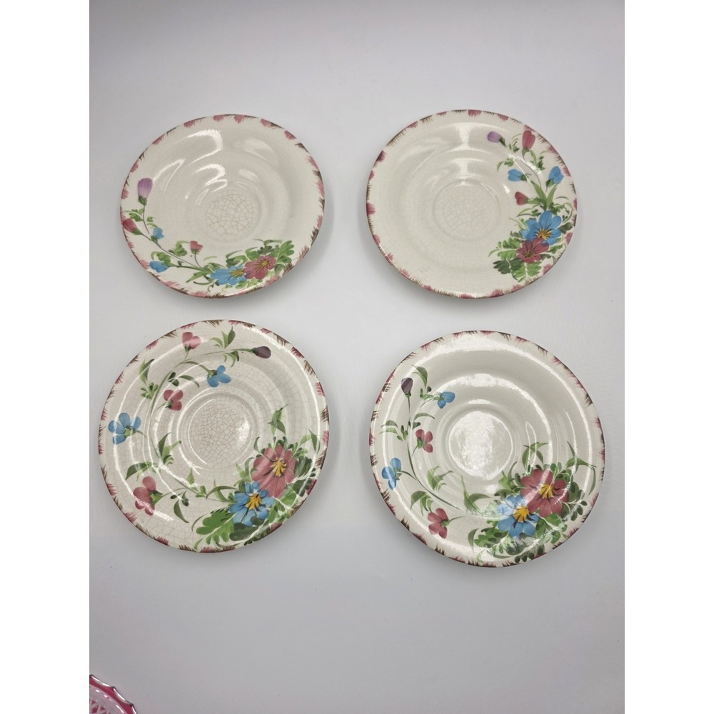VTG‎ Floral Tea Saucer Plates Hand Painted Scalloped Edge Set of 4 Cottagecore